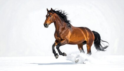 A brown horse galloping in the snow