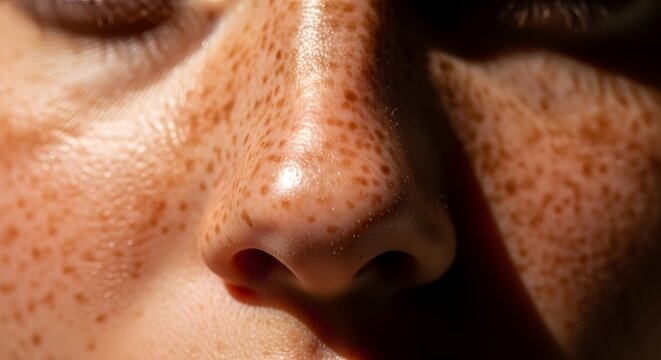 Macro shot of freckles on nose and cheeks with natural skin texture, artistic beauty photography, high contrast light