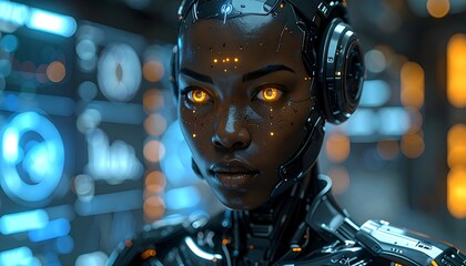 A close-up of an Afra-futurist cyborg with illuminated eyes and circuitry. Focused on a futuristic interface
