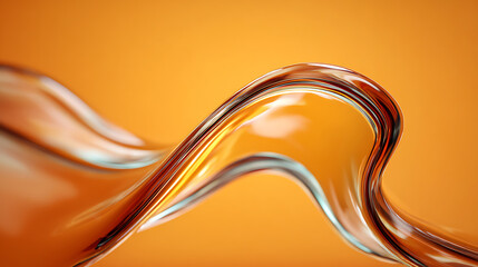 Macro view of a thick, wavy stream of glossy, honey-colored liquid or transparent material cresting against a vibrant orange background, suggesting fluidity, movement, and flavor.
