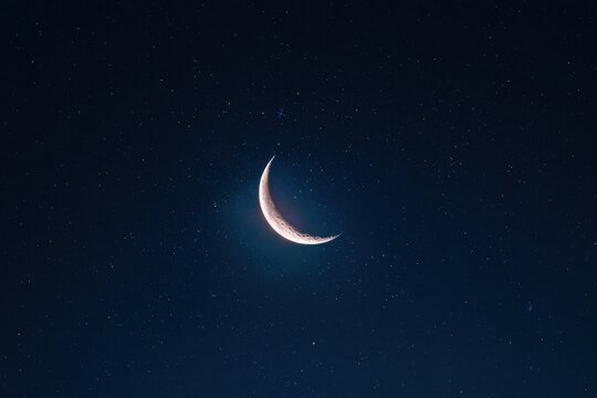 Crescent Moon Glowing in Dark Blue Sky, Celestial Nightscape, Serene Atmosphere.