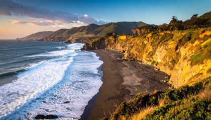 Coastal sunset view of rugged cliffs and a black sand beach