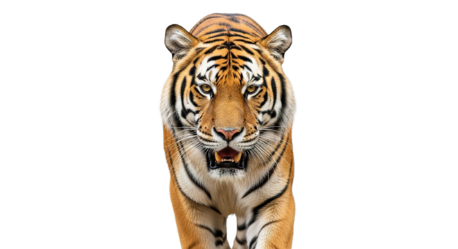 Tiger head and shoulders facing forward isolated on a white background.