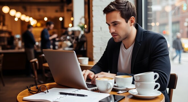Man working on laptop at cafe surrounded by coffee mugs