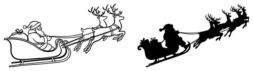 Santa Claus Sleigh with Reindeer Silhouette and Line Art
