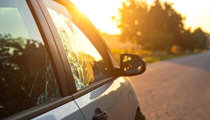 Broken car window at sunset (1)
