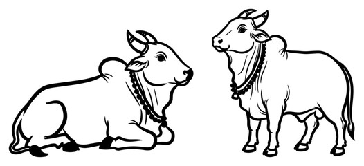 Sacred Indian Cow and Nandi Bull Line Art Illustration