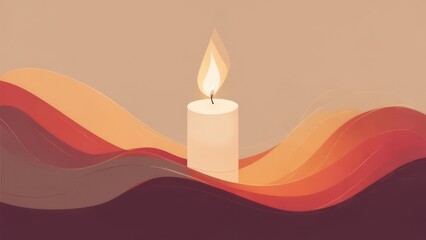 Burning candle with flame on colorful wavy background, warm colors.