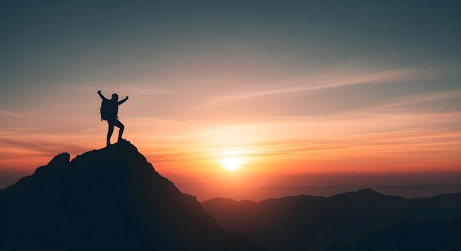Single hiker silhouette against dramatic orange and pink sunset sky on mountaintop, inspirational adventure poster