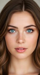 Fototapeta premium A captivating portrait of a young woman with striking blue eyes and subtle freckles, showcasing natural beauty and a gentle expression