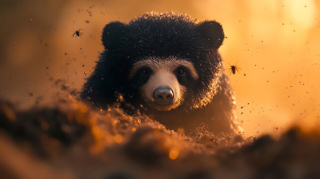 A closeup portrait of a black bear emerging from the dirt with golden sunlight illuminating its face