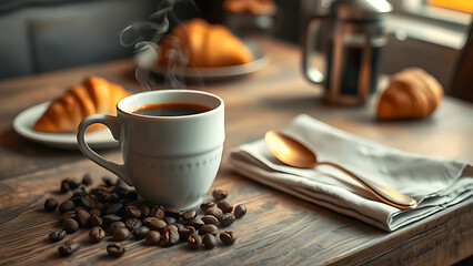 A steaming cup of black coffee sits on a rustic wooden table, surrounded by roasted coffee beans, with croissants and a french press in the background
