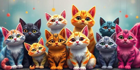 Fototapeta premium A whimsical gathering of vibrantly colored cats, each with unique expressions, in a fantastical setting, digital art, fantasy art