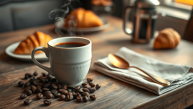 A steaming cup of black coffee sits on a rustic wooden table, surrounded by roasted coffee beans, with croissants and a french press in the background