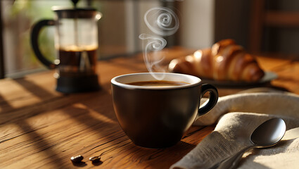 A steaming cup of coffee sits on a wooden table next to a french press and a croissant, with morning sunlight streaming in
