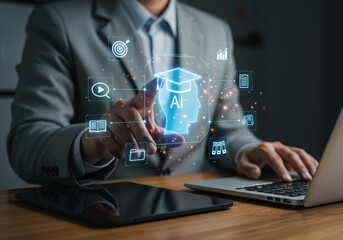Close-up of businessman using digital interface with AI education icon, symbolizing online learning, future skills, artificial intelligence training. Concept of e-learning, modern education