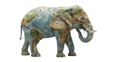 Elephant with world map texture stands against a neutral background.