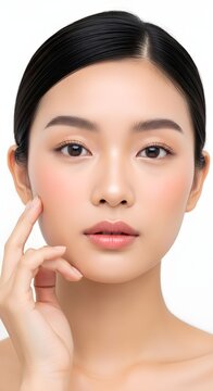 Close-up studio portrait of a young Asian woman's face with perfect skin and a gentle touch, highlighting natural beauty and skincare