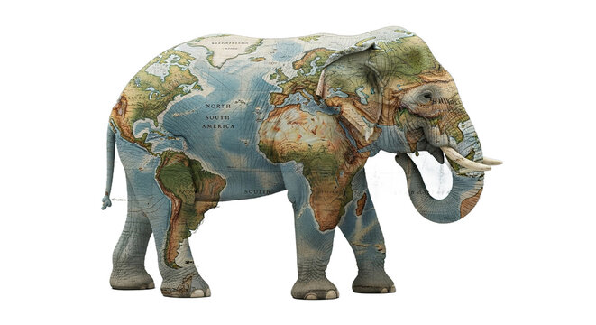 Elephant with world map texture stands against a neutral background.