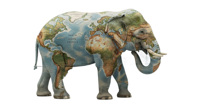 Elephant with world map texture stands against a neutral background.