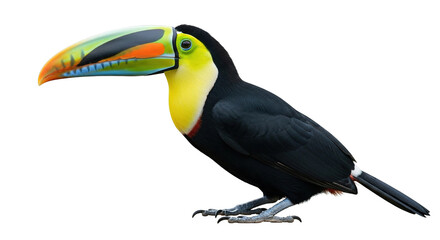A toucan bird with colorful beak perched isolated on a white background.