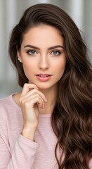 Fototapeta premium Beautiful Young Woman with Long Wavy Brown Hair and Expressive Blue Eyes Smiling Gently