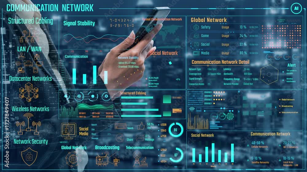 Poster data center monitoring dashboard visualize network performance, connection status, usage rate, and t