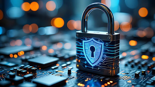 A digital padlock with a glowing blue circuit board pattern, symbolizing cybersecurity and data protection, rests on a complex electronic circuit board with blurred bokeh lights in the background - Powered by Adobe