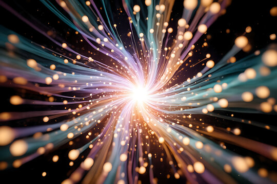 Abstract explosion of colorful light trails and glowing particles emanating from a bright central core, creating a sense of energy and motion - Powered by Adobe