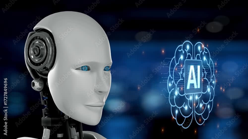 Poster this image features a futuristic robot with a sophisticated ai brain visualization, emphasizing the 