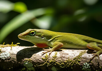 Green Lizard Resting on Tree Branch