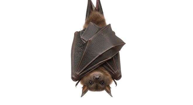 A bat hangs upside down against a white background looking at the viewer.
