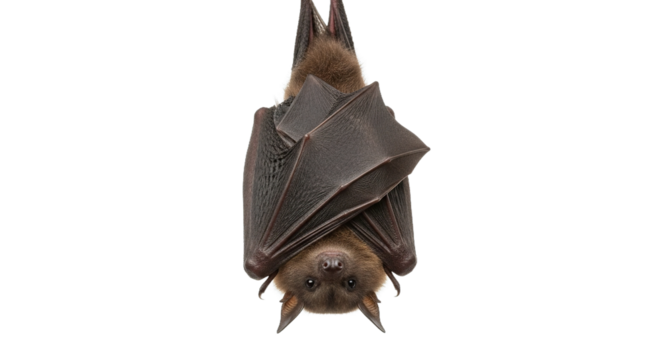 A bat hangs upside down against a white background looking at the viewer.