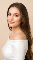 Beautiful young woman with long flowing brown hair and a radiant smile, looking directly at the camera with striking eyes