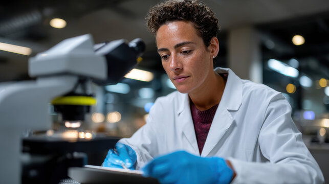 A focused female scientist meticulously analyzes samples under a microscope in a modern laboratory, embodying dedication and professionalism in her research approach.