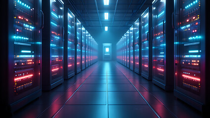 A futuristic server room with rows of glowing racks filled with blinking lights, creating a vibrant and hightech atmosphere