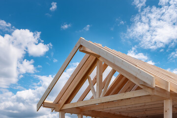 New wooden roof framing under a clear blue sky with fluffy clouds during daylight hours near a construction site Generative AI