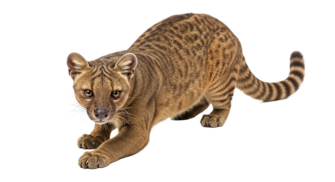 A brown and tan cat with black spots crouches on a white background.