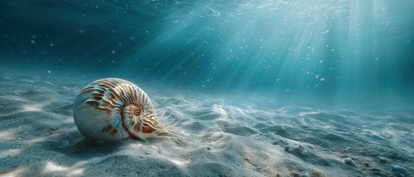 Solitary Nautilus Shell Rests on Sandy Seabed Under Sunlit Ocean Depths.