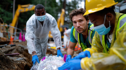 A dedicated rescue team is working diligently in challenging outdoor conditions, showcasing determination and teamwork while handling urgent situations and recovery efforts.