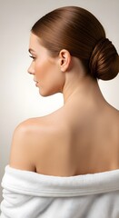 Elegant Portrait of a Woman with Smooth Skin and Stylish Updo, Embracing a Serene Beauty and Spa-Like Experience, Promoting Wellness