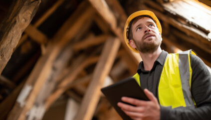 Construction site worker inspects building structure with tablet in hand during renovation project in natural light Generative AI