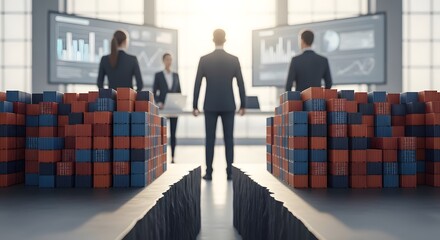 Visionary business leaders confronting a chasm of data blocks, pioneering solutions and strategic integration for future growth