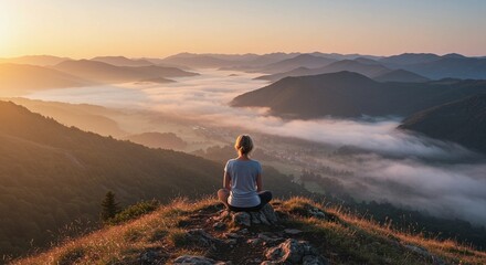 Fototapeta premium Rear view of a woman sitting in a peaceful meditation pose on a mountain peak at sunrise, with a stunning misty valley landscape below.