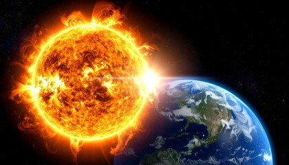 A celestial scene showcasing a bright, fiery star illuminating a planet, its surface visible with land, water, and atmosphere