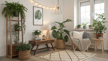 Fototapeta premium Cozy Minimal Home Decor with Indoor Plants and Furniture —AI GENERATED
