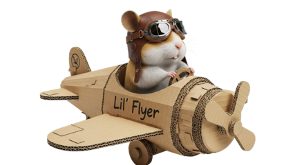 Hamster wearing aviator goggles sits in a small wooden airplane toy.