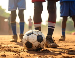 Footy dreams on dusty pitch, young athletes and a soccer ball