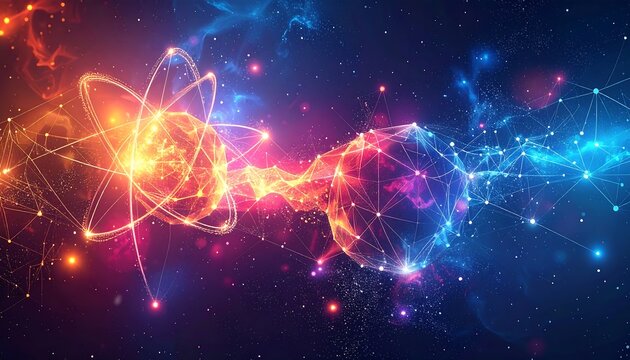 Abstract digital artwork of interconnected atomic structures in space
