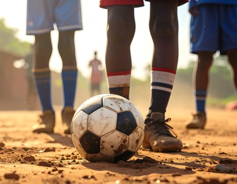 Footy dreams on dusty pitch, young athletes and a soccer ball